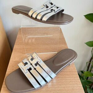 Tory Burch Ines Cage Slide Sliver Wild Mushroom Women's Size 9